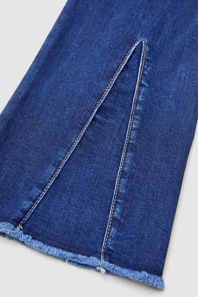 Wash Raw Hem V Cut Pocket Mid Rise Bootcut Jeans