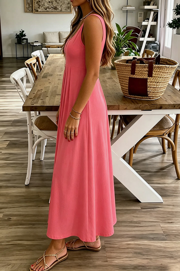 Solid Pleated Scoop Neck Long Tank Dress