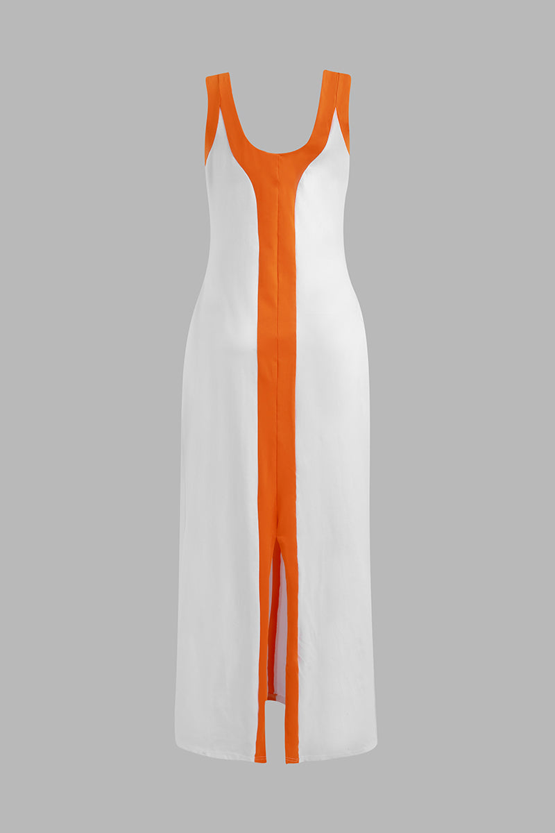 Two Tone Plunging Neck Split Maxi Dress