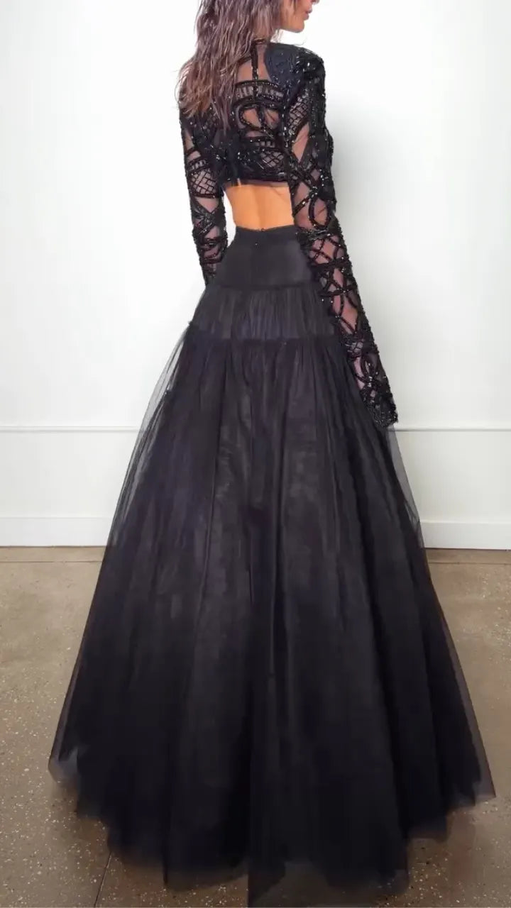 Black Geometric Sheer Crop Top and Tiered Maxi Skirt Set