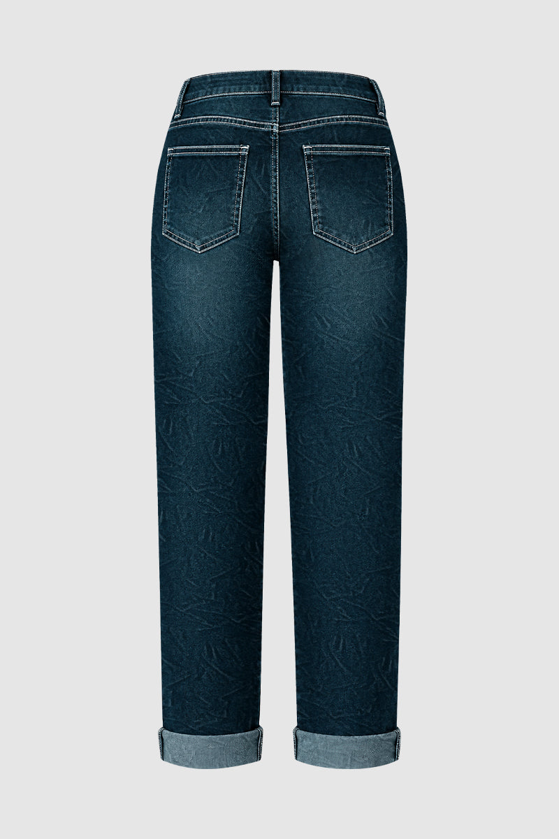 Button Up Roll Hem Low Waist Straight Leg Jeans