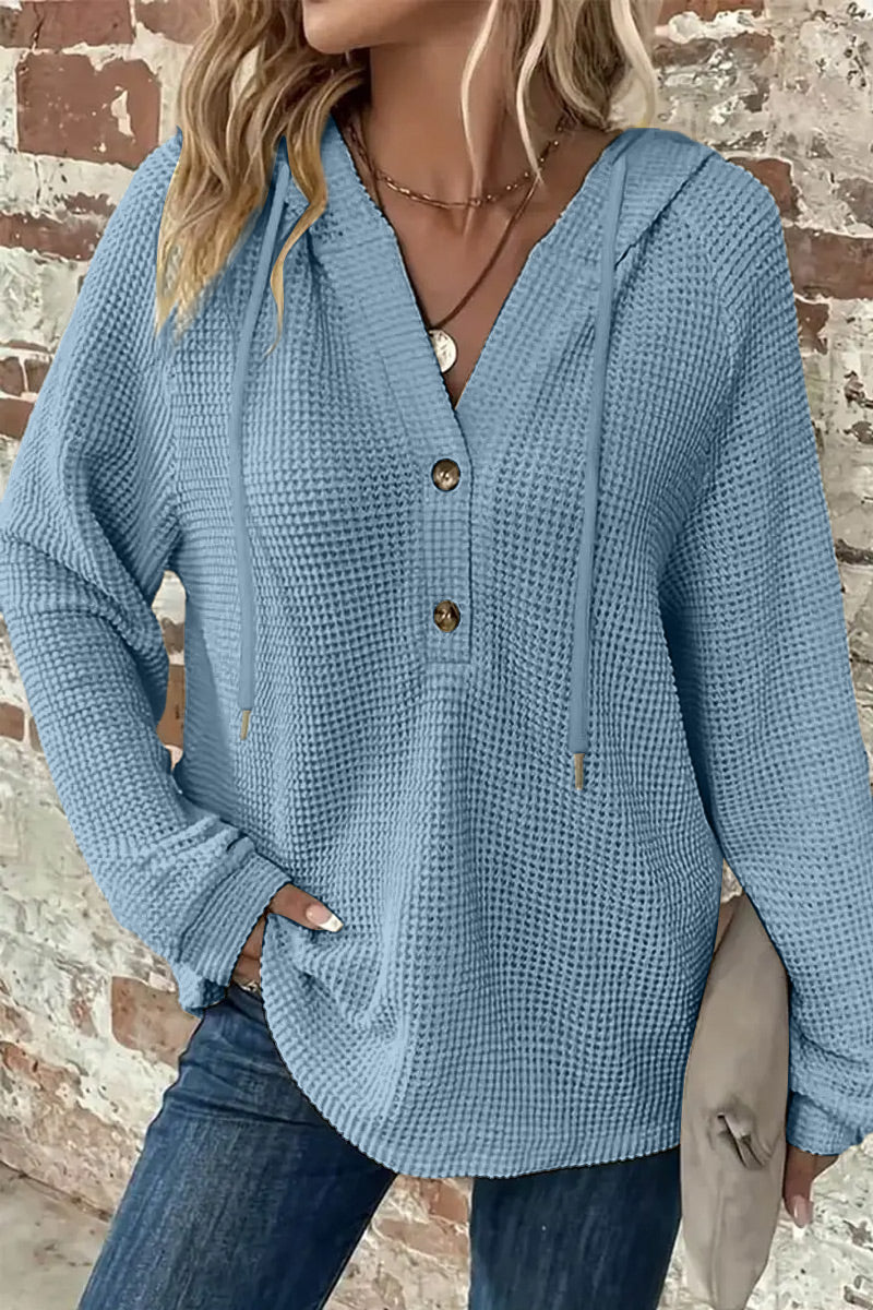 Waffle Knit Half Button Placket Drawstring Long Sleeve Hoodie