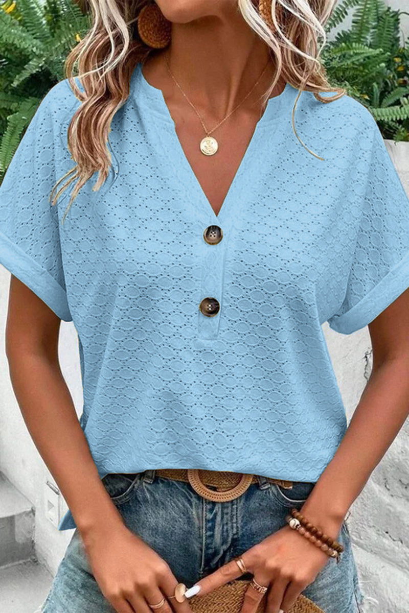 Solid Hollow Out Button Decor V Neck T-Shirt