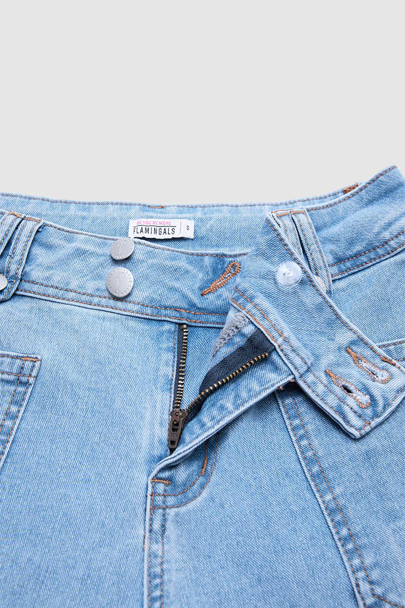 Wash Asymmetrical Stitch Detail Mid Waist Straight Leg Jeans