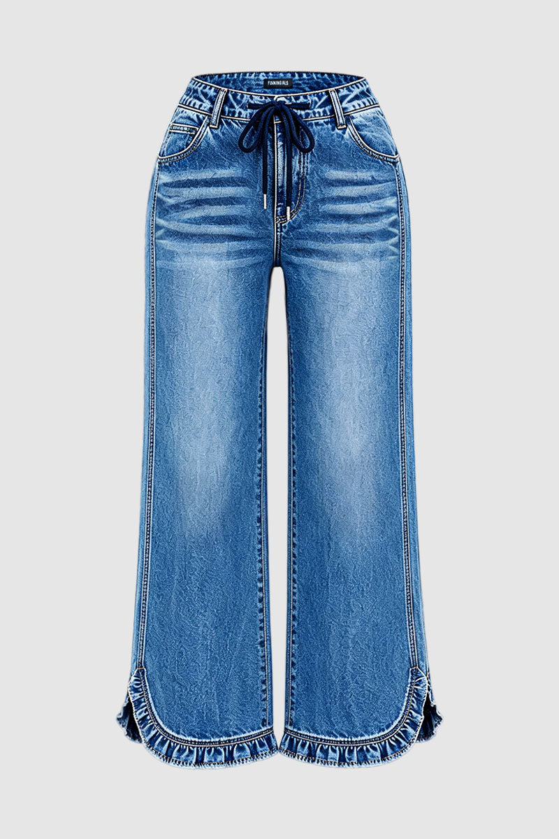 Wash Drawstring Split Ruffle Hem Mid Waist Wide Leg Jeans