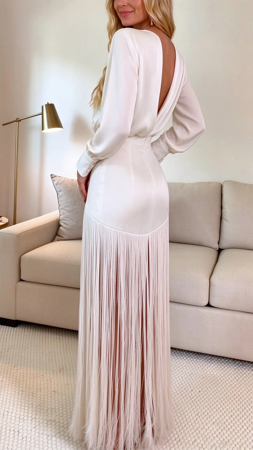 Ivory Wrap-Neck Long-Sleeve Fringe Maxi Dress