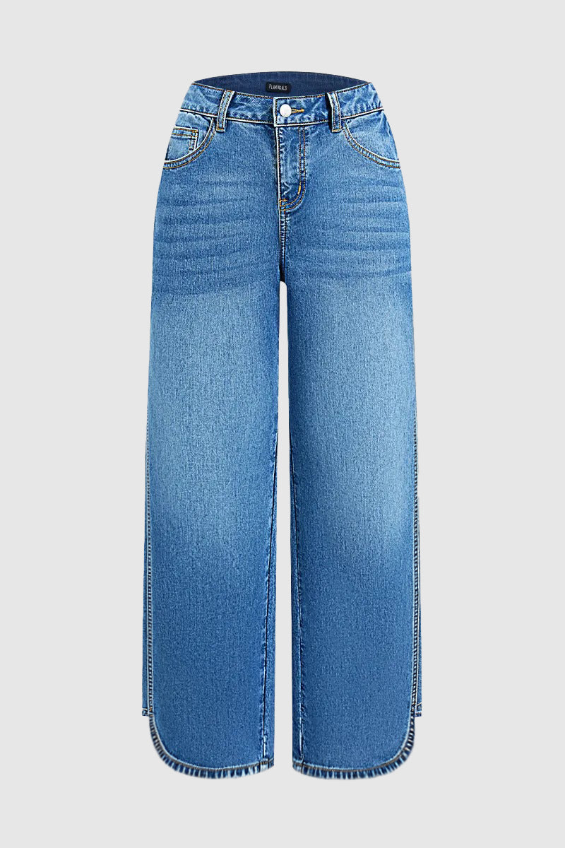 Wash Seam Side Split Hem High Rise Wide Leg Jeans