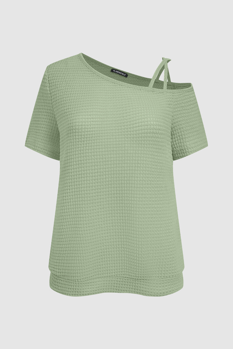 Solid Waffle Knit Asymmetrical Neck Batwing Sleeve T-Shirt