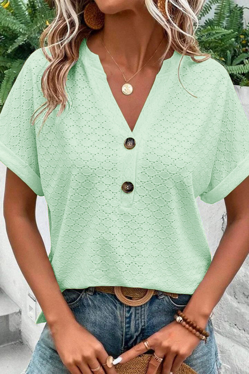 Solid Hollow Out Button Decor V Neck T-Shirt