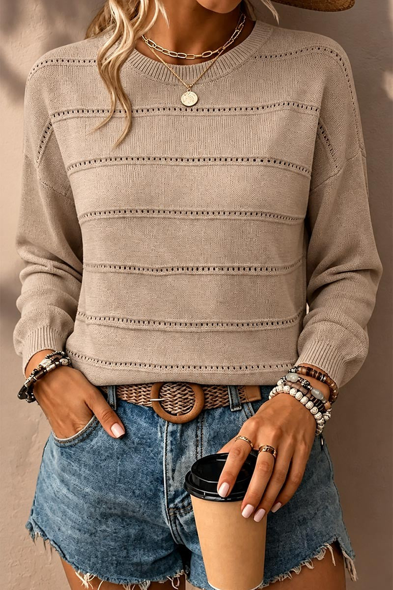 Solid Pointelle Knit Round Neck Long Sleeve Sweater