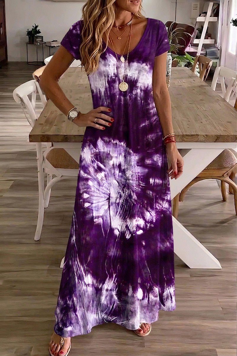 Spiral Tie Dye Scoop Neck Short Sleeve Maxi Dress