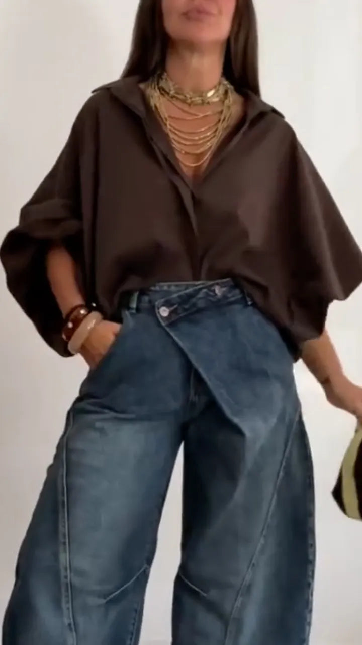 Asymmetrical Wrap Waist Baggy Wide‑Leg J+ Top Seteans