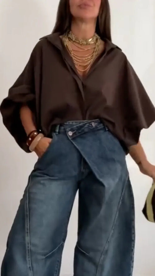 Asymmetrical Wrap Waist Baggy Wide‑Leg J+ Top Seteans