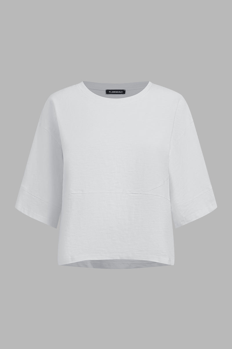 Solid Stitch Detail Round Neck Three Quarter Length Sleeve T-Shirt