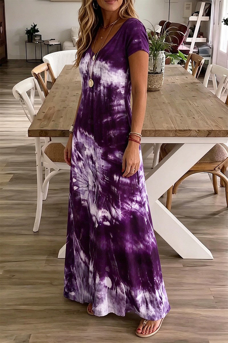 Spiral Tie Dye Scoop Neck Short Sleeve Maxi Dress