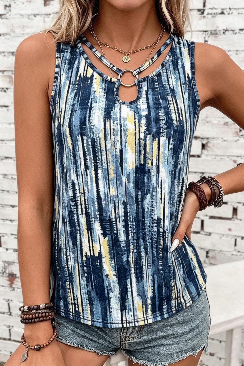 Allover Print Ring Linked Hollow Out V Neck Tank Top