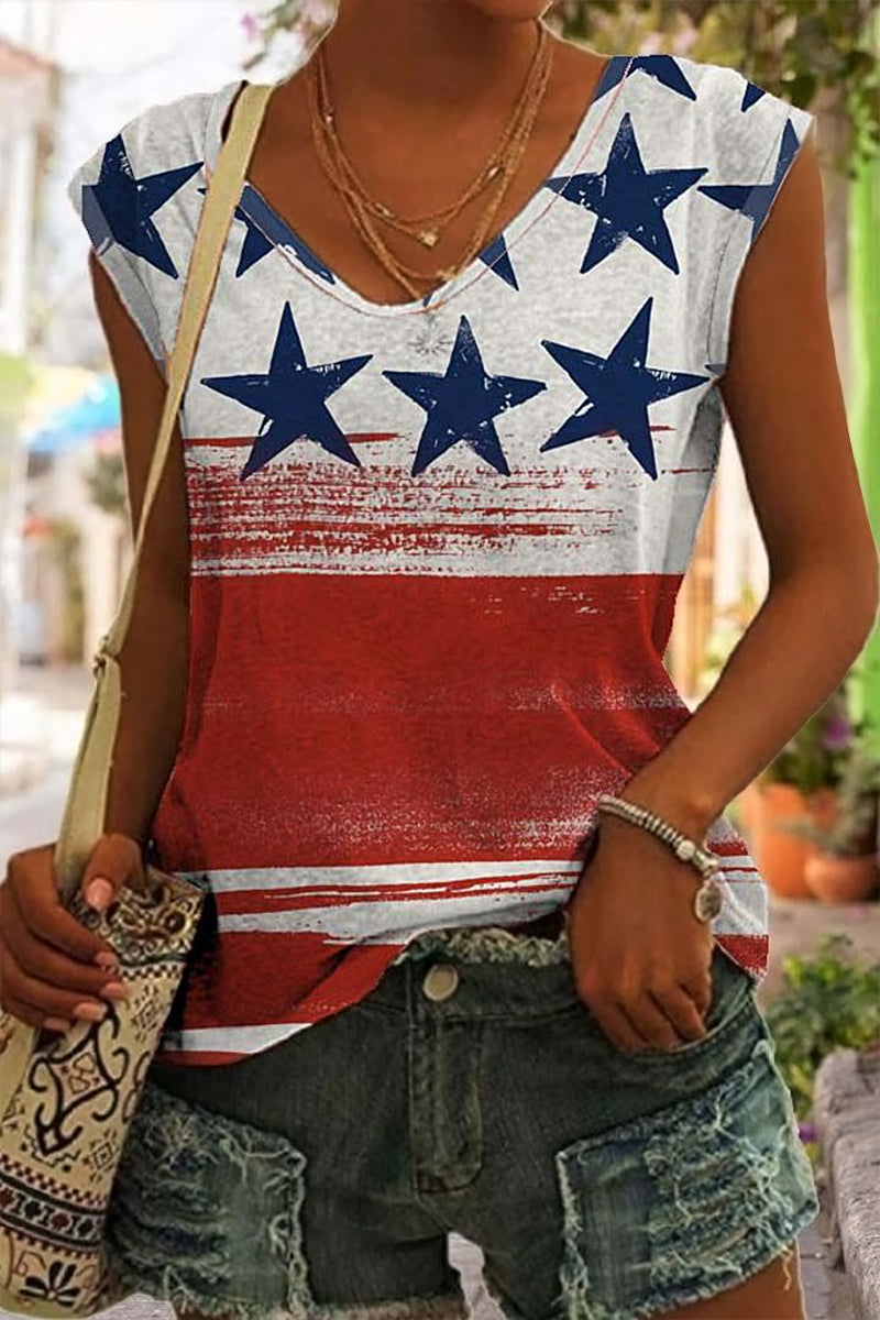 American Flag Print V Neck Tank Top