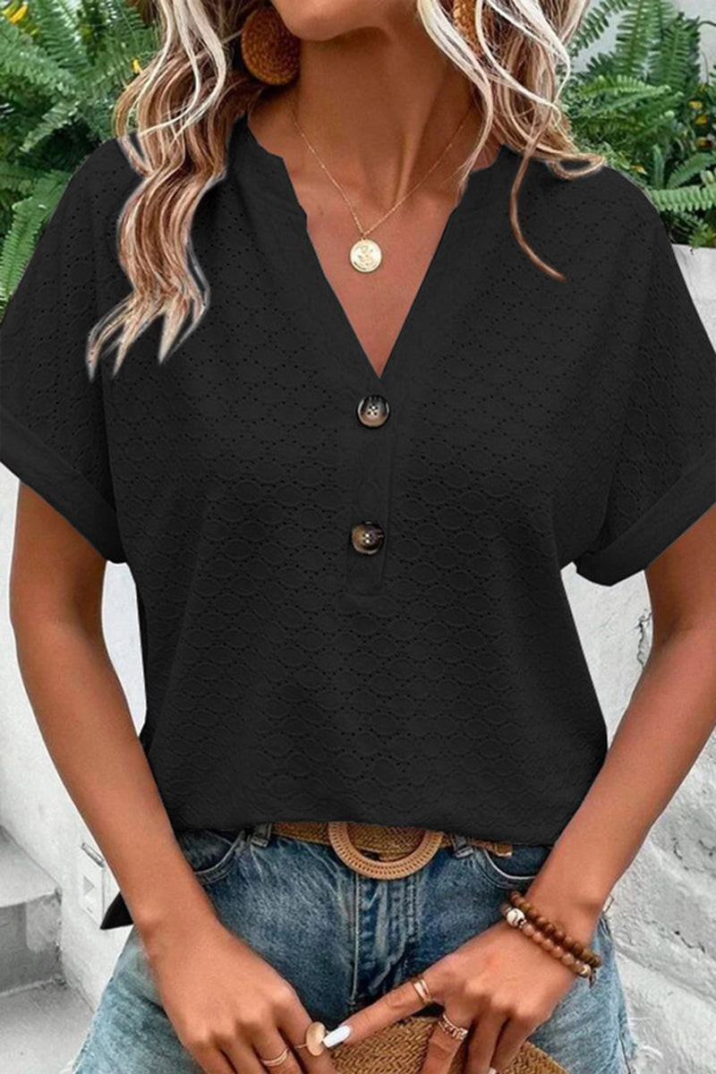 Solid Hollow Out Button Decor V Neck T-Shirt