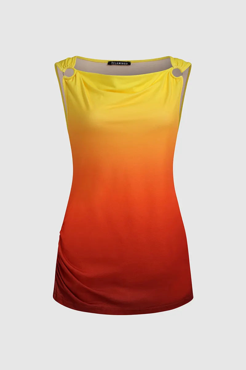 Ombre Ring Linked Cowl Neck Tank Top
