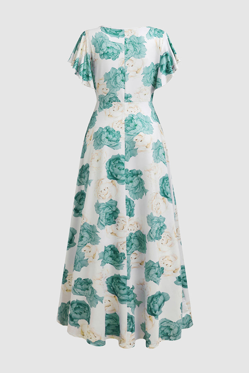 Floral Print Ruffle V Neck Maxi Dress