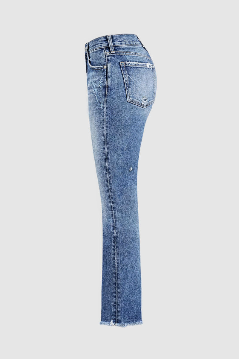 Raw Hem Ripped Mid Rise Straight Leg Crop Jeans