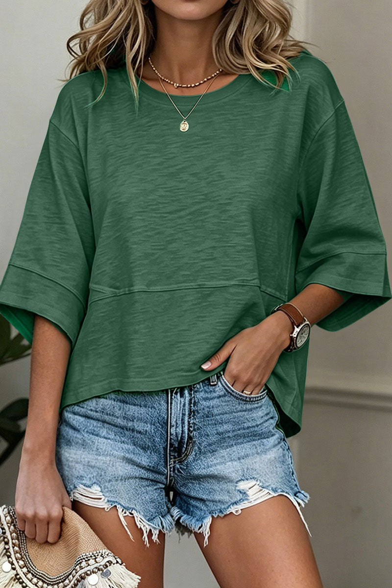 Solid Stitch Detail Round Neck Three Quarter Length Sleeve T-Shirt