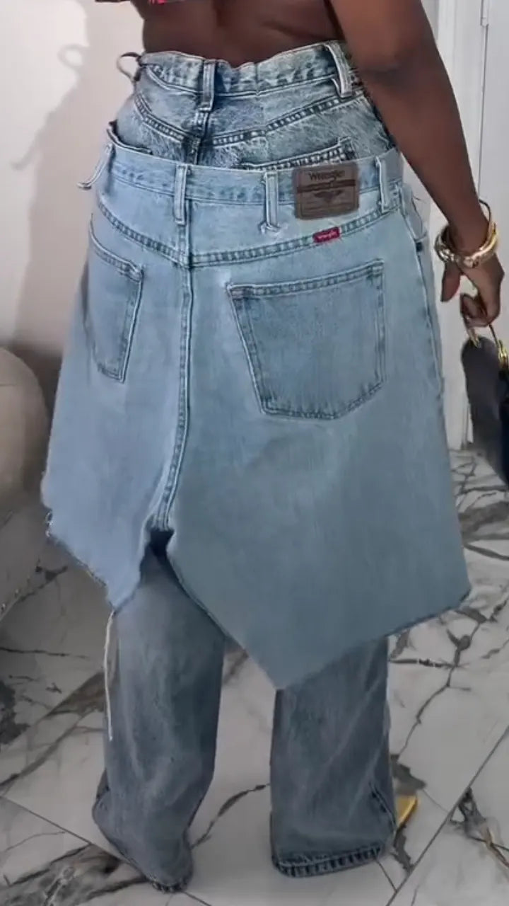 Blue Double-Waist Skirt-Overlay Jeans