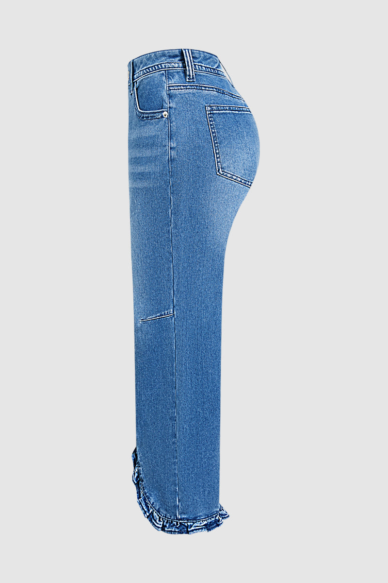 Wash Ruffle Split Hem Mid Rise Straight Leg Cropped Jeans