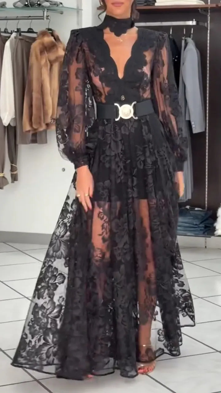 Black Plunging Floral-Lace Long-Sleeve Maxi Dress