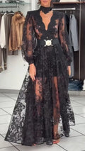 Black Plunging Floral-Lace Long-Sleeve Maxi Dress