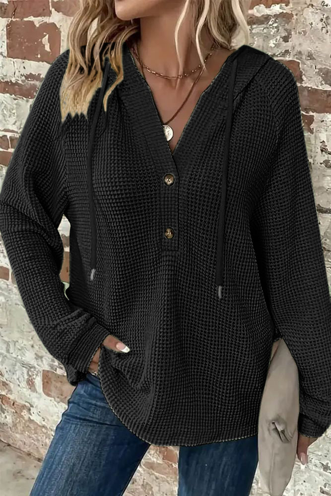 Waffle Knit Half Button Placket Drawstring Long Sleeve Hoodie