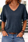Solid Layered Sleeve V Neck T-Shirt