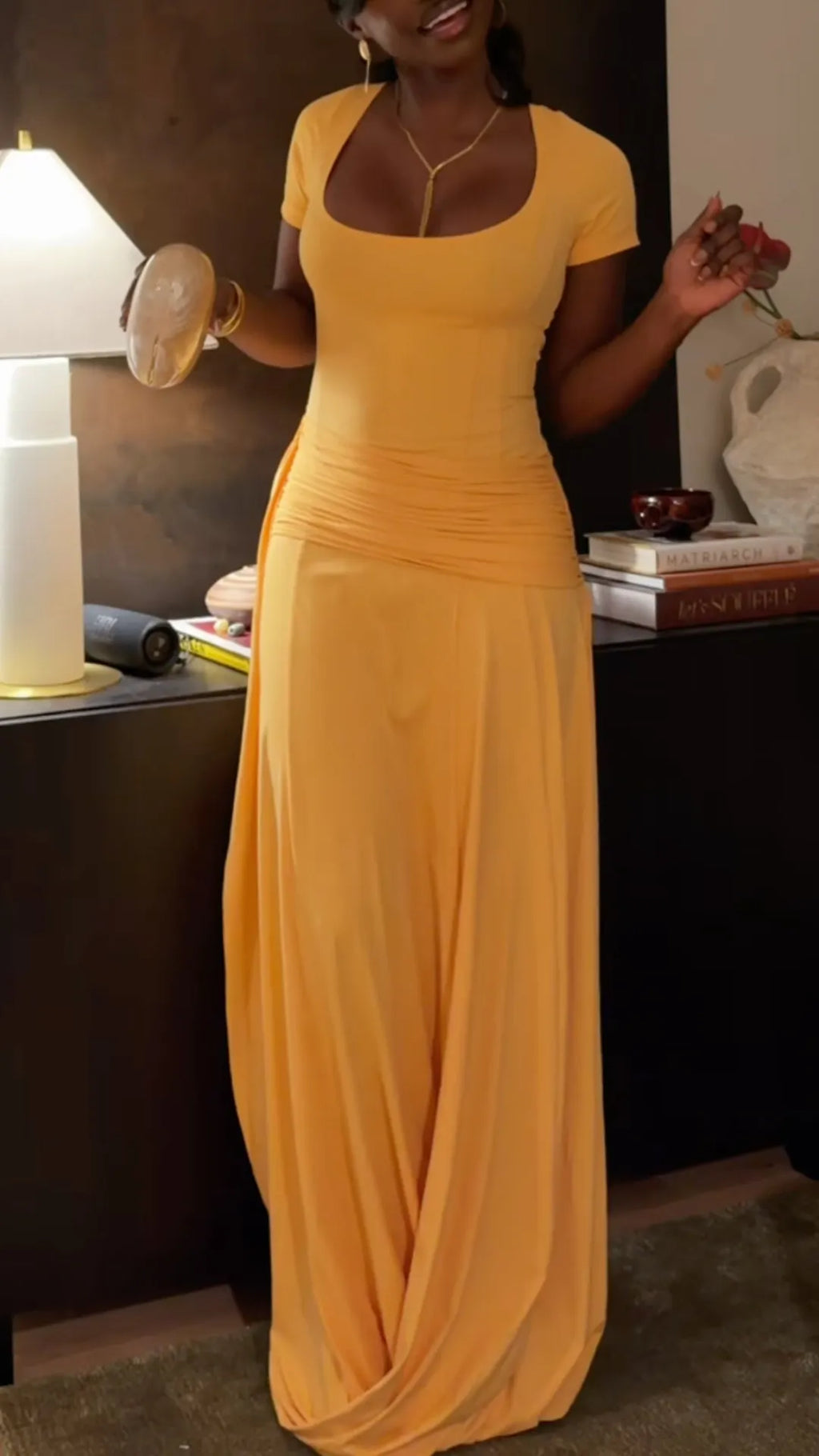 Mustard Scoop-Neck Ruched Draped Maxi Dress