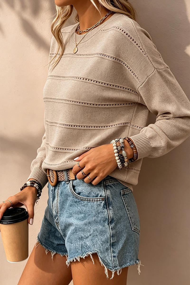 Solid Pointelle Knit Round Neck Long Sleeve Sweater