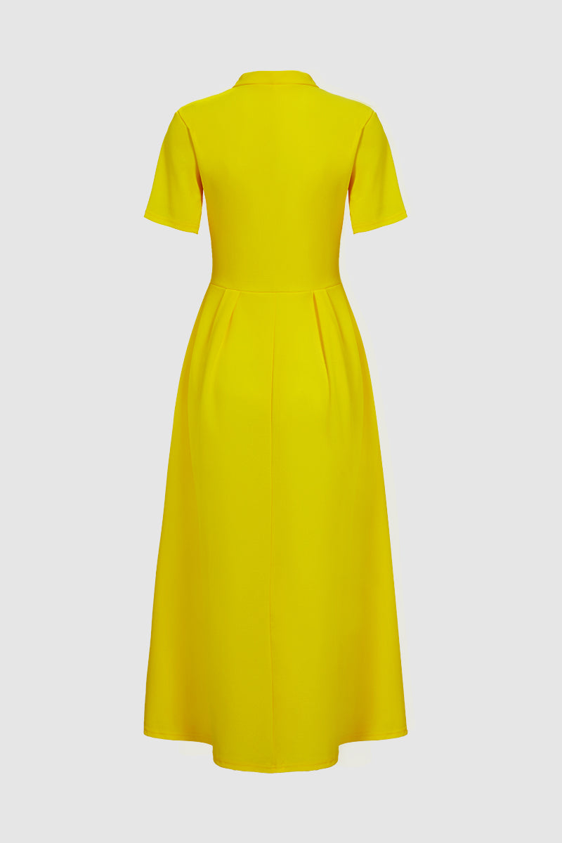Solid Tie Neck Pleated Midi Dress
