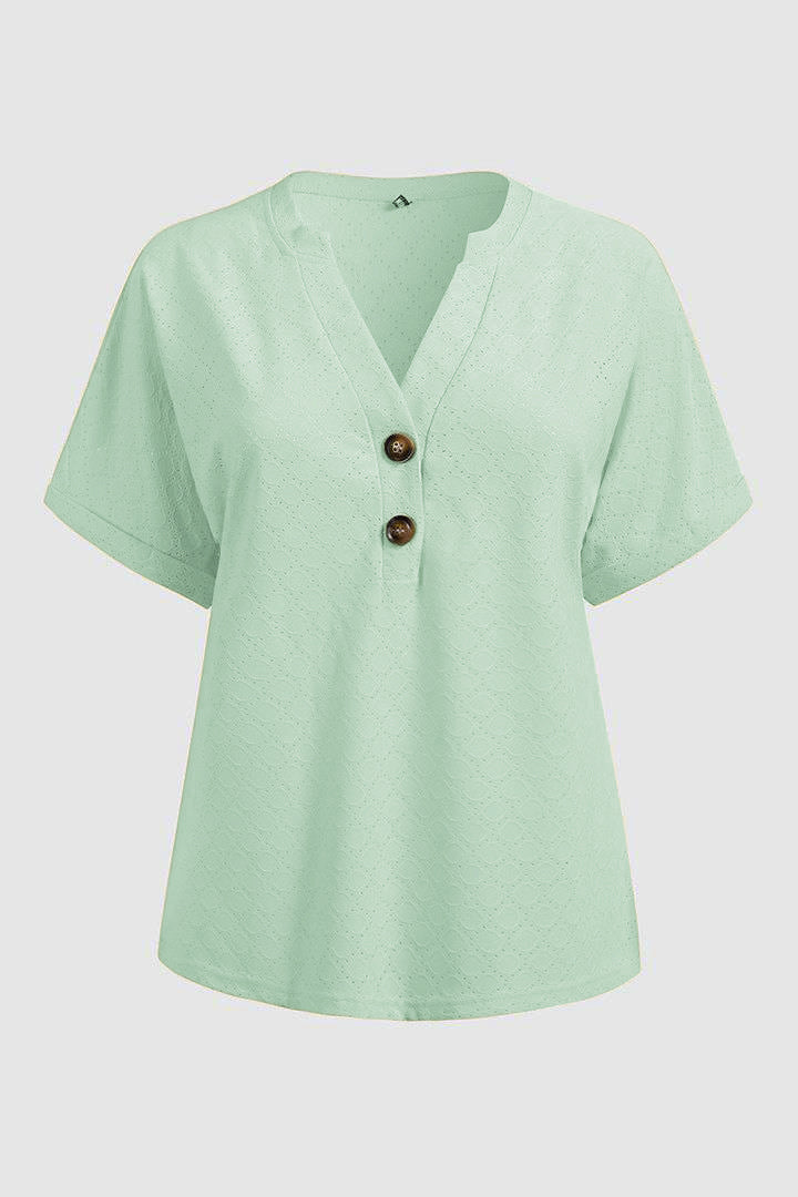 Solid Hollow Out Button Decor V Neck T-Shirt