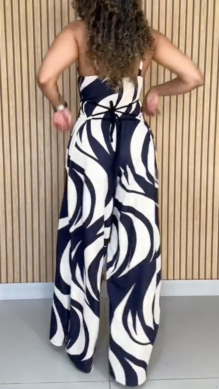 Navy and Ivory Abstract-Print Tie-Back Wide-Leg Jumpsuit