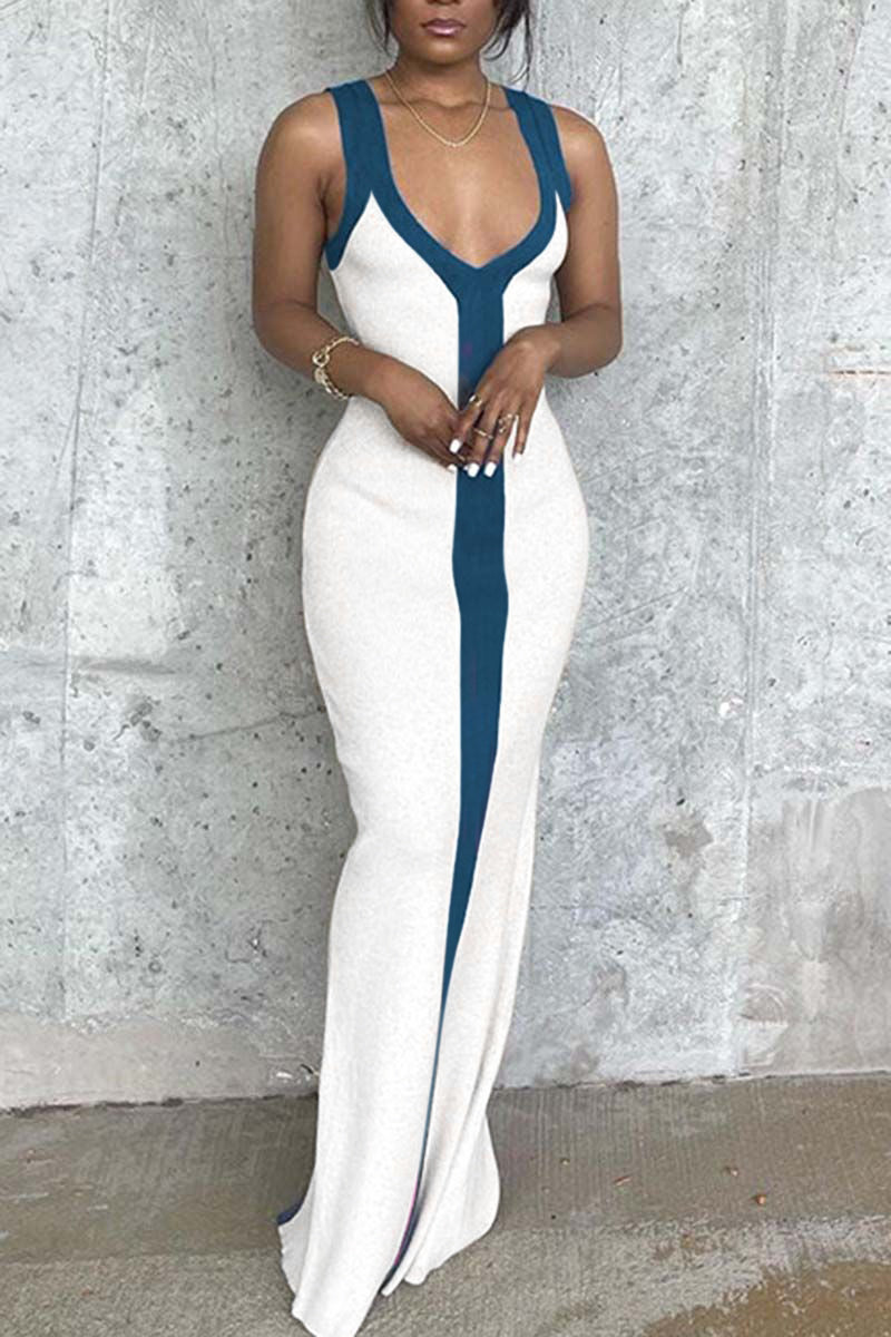 Two Tone Plunging Neck Split Maxi Dress