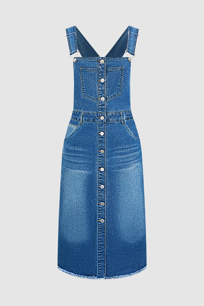 Wash Adjustable Raw Hem Button Fly Denim Overall Midi Dress