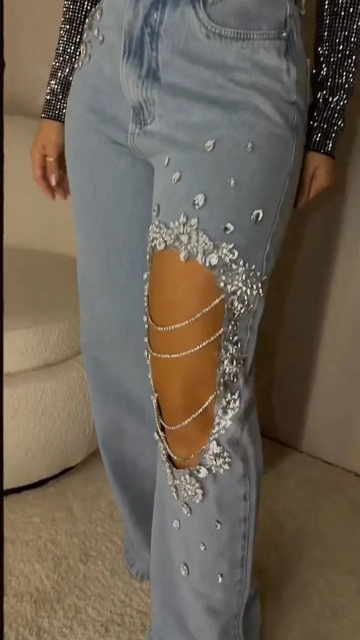 Light Blue Crystal-Trim Chain-Cutout Wide-Leg Jeans