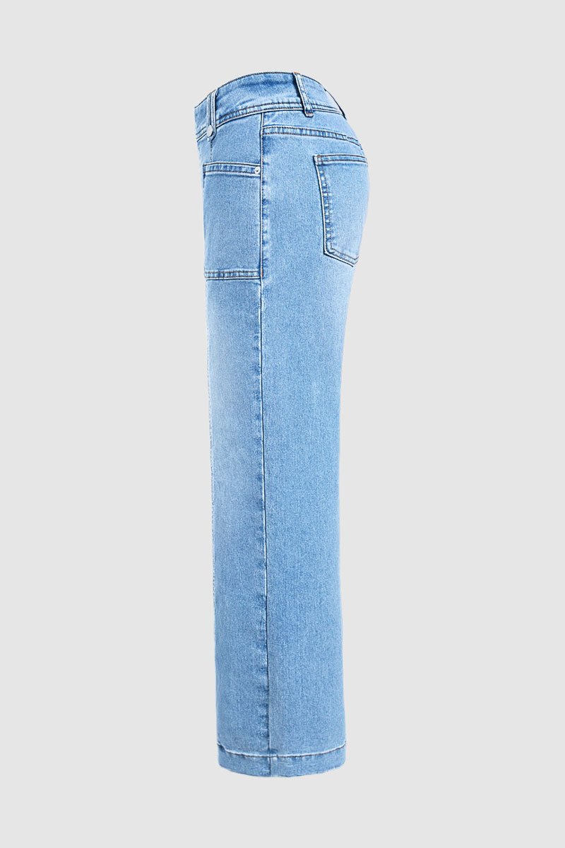Wash Asymmetrical Stitch Detail Mid Waist Straight Leg Jeans