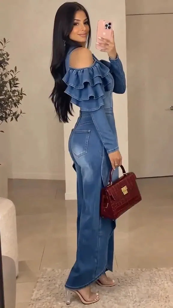 Blue Cold-Shoulder Ruffle Overlay Denim Jumpsuit