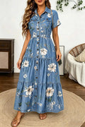 Floral Print Flap Pocket Button Up Short Sleeve Maxi Dress