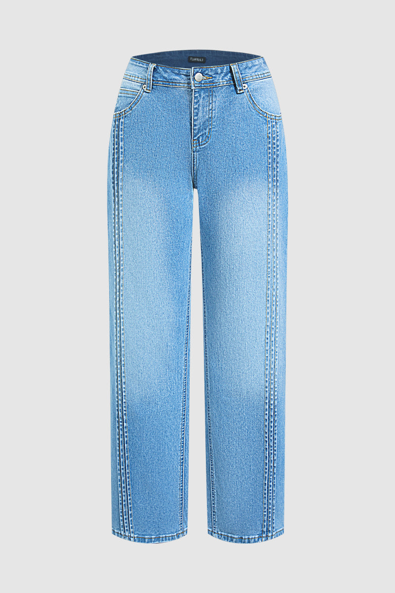 Wash Stitch Detail Mid Waist Straight Leg Jeans