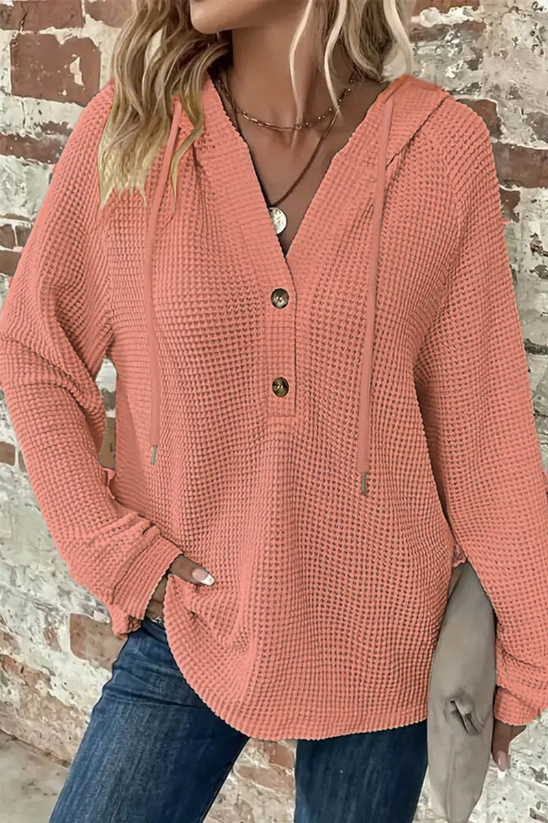 Waffle Knit Half Button Placket Drawstring Long Sleeve Hoodie