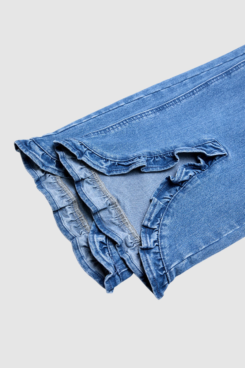 Wash Ruffle Split Hem Mid Rise Straight Leg Cropped Jeans