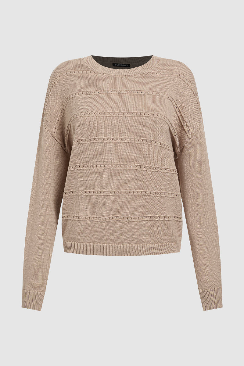Solid Pointelle Knit Round Neck Long Sleeve Sweater