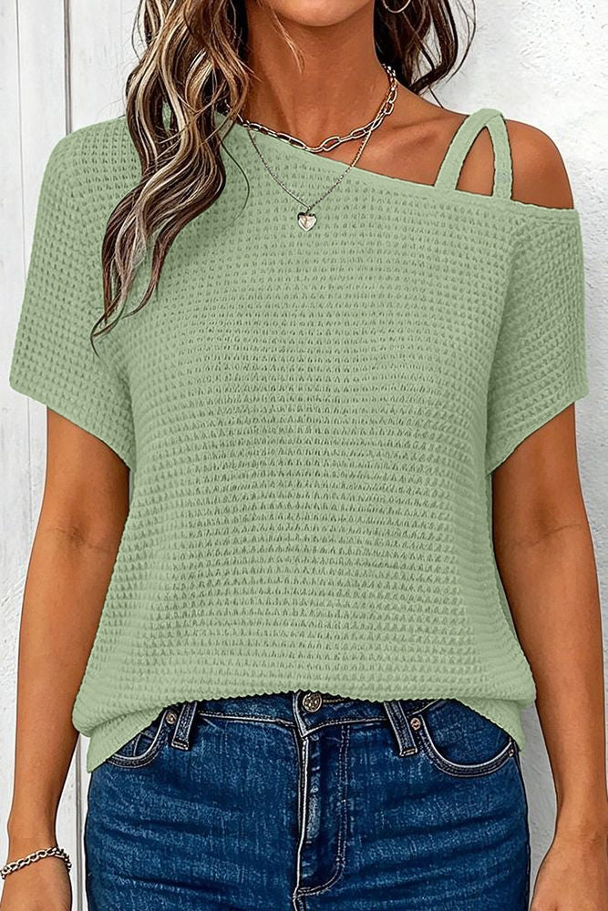 Solid Waffle Knit Asymmetrical Neck Batwing Sleeve T-Shirt