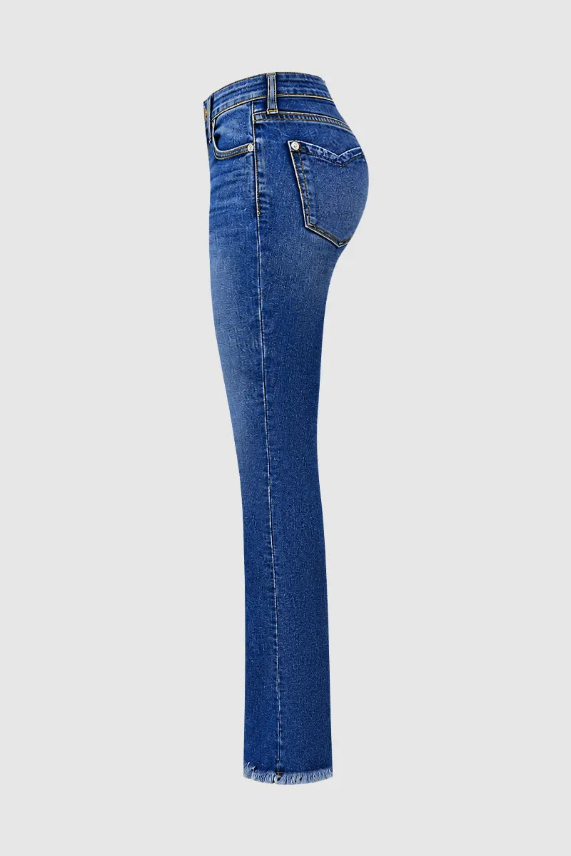 Wash Raw Hem V Cut Pocket Mid Rise Bootcut Jeans