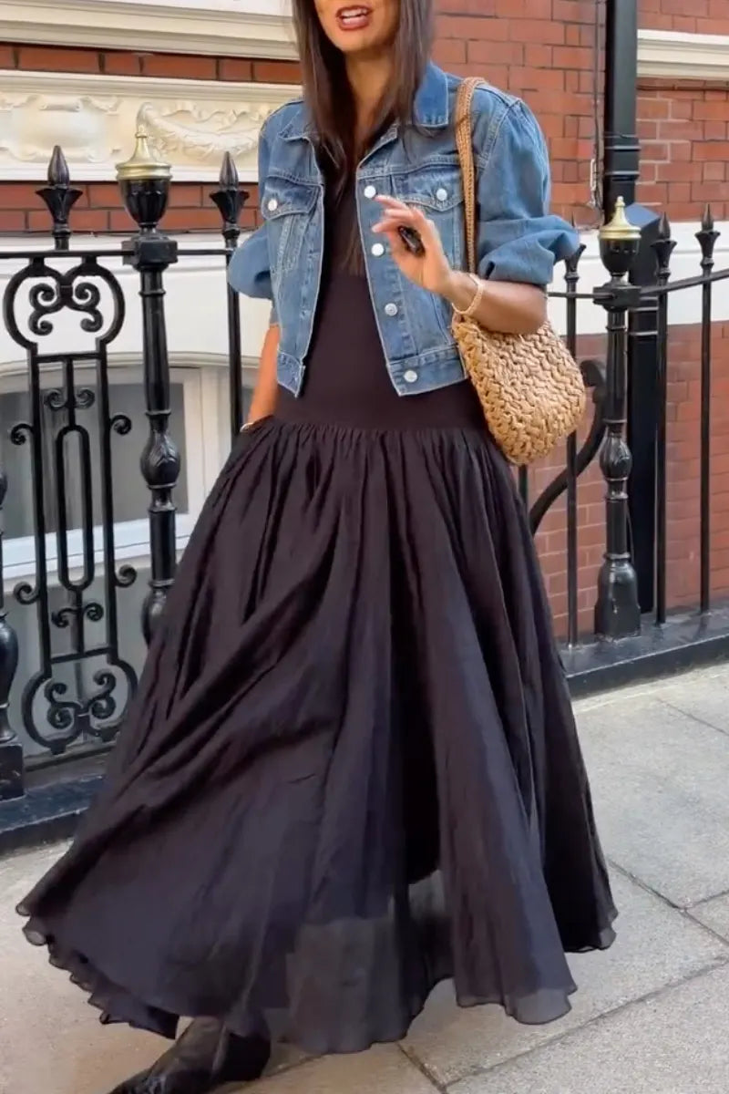 Cropped Denim Jacket & Flowing Maxi Dress Set